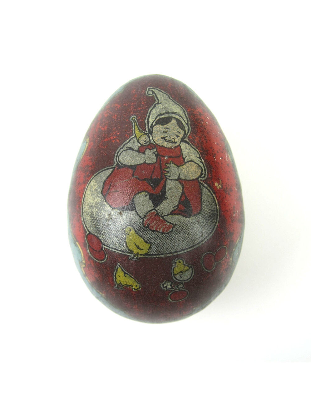 Antique Tin Litho Easter Egg Candy Container Dutch Girl Doll Yellow Chicks Hatch